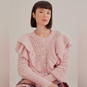 NEW FARM Rio Pink Flower Texture Knit Cardigan Sweater Button Ruffle Size M